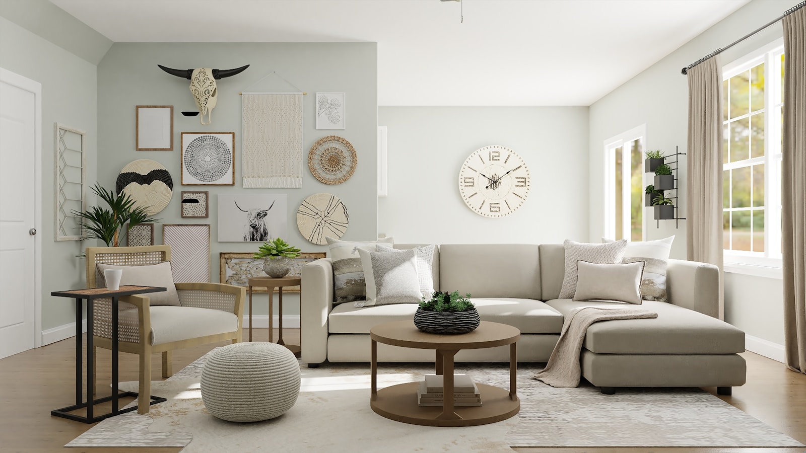 Tidy living room with sofa and soft natural light